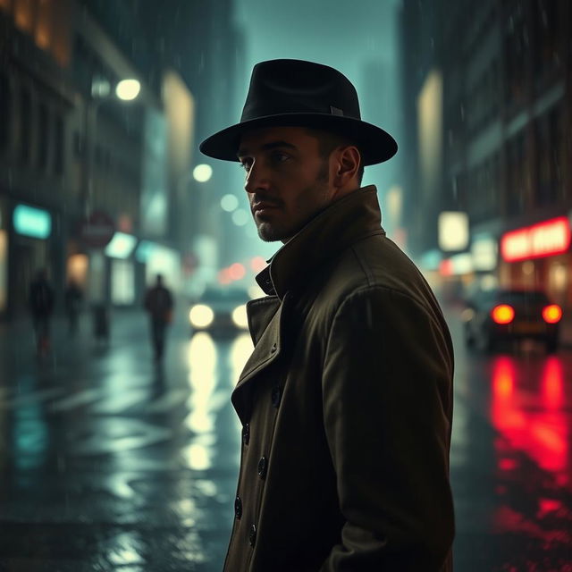 A solitary man in a trench coat and fedora hat stands in the middle of a rainy city scene, looking straight ahead