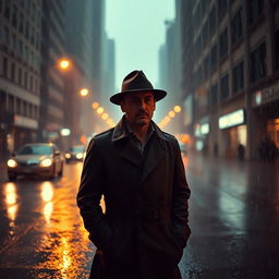 A solitary man in a trench coat and fedora hat stands in the middle of a rainy city scene, looking straight ahead