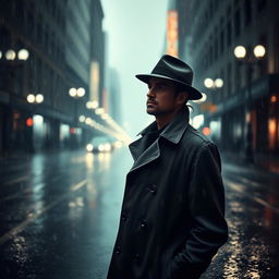 A solitary man in a trench coat and fedora hat stands in the middle of a rainy city scene, looking straight ahead