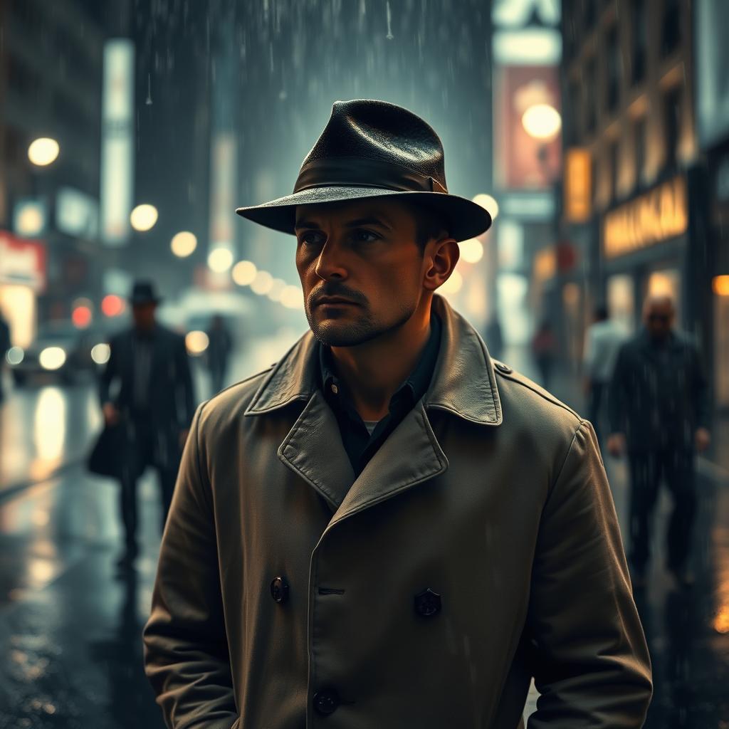 A solitary man in a trench coat and fedora hat stands in the middle of a rainy city scene, looking straight ahead