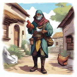 A striking, high-quality illustration that portrays a homeless vagrant as a fantasy Dungeons and Dragons bard in a medieval village