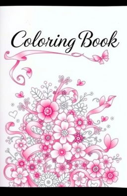 A whimsical coloring book cover design featuring a pink aesthetic with various shades of pink as the primary color theme