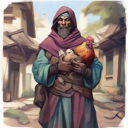 A striking, high-quality illustration that portrays a homeless vagrant as a fantasy Dungeons and Dragons bard in a medieval village