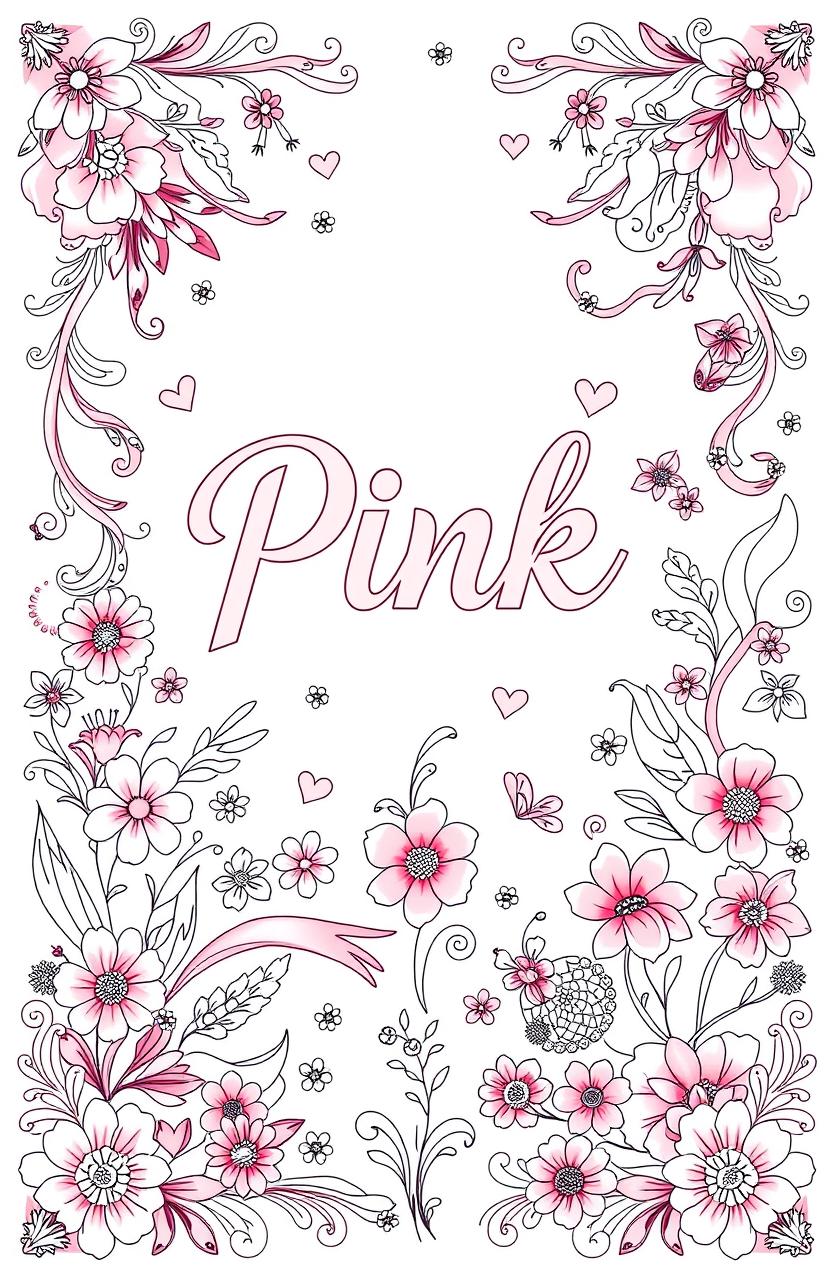 A whimsical coloring book cover design featuring a pink aesthetic with various shades of pink as the primary color theme
