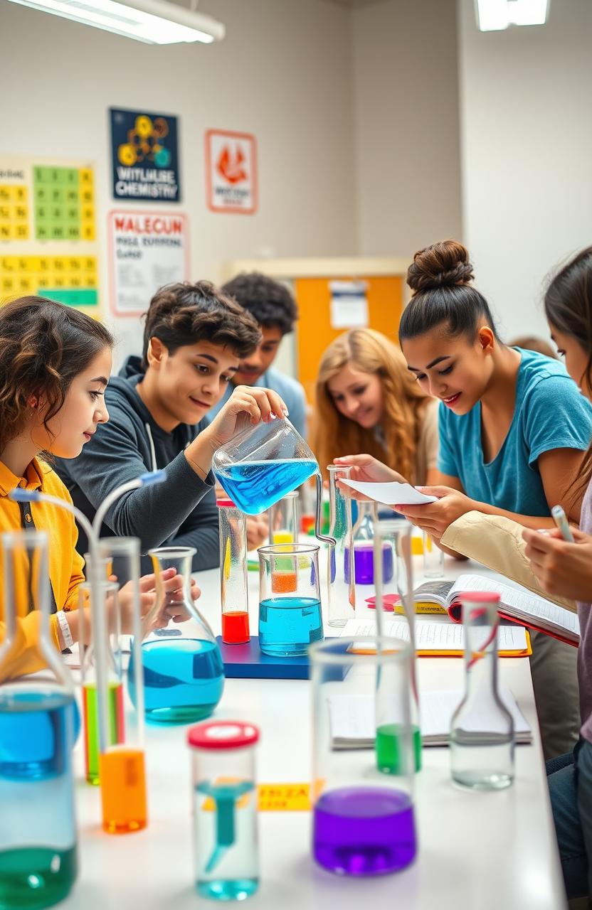 A vibrant and engaging scene depicting a high school chemistry project in a laboratory setting
