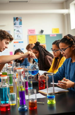 A vibrant and engaging scene depicting a high school chemistry project in a laboratory setting