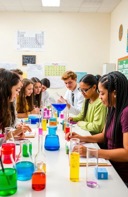 A vibrant and engaging scene depicting a high school chemistry project in a laboratory setting