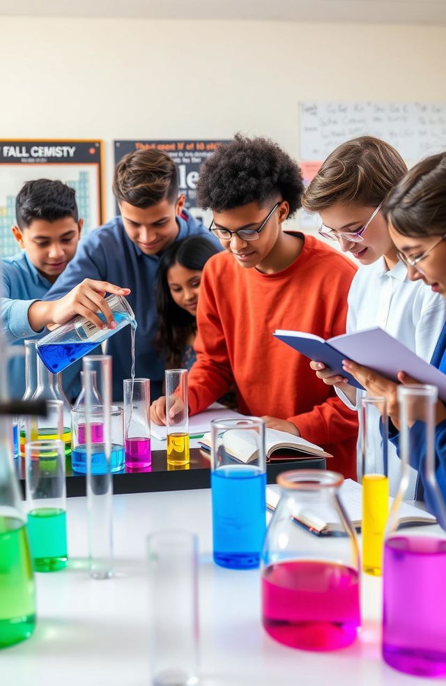 A vibrant and engaging scene depicting a high school chemistry project in a laboratory setting