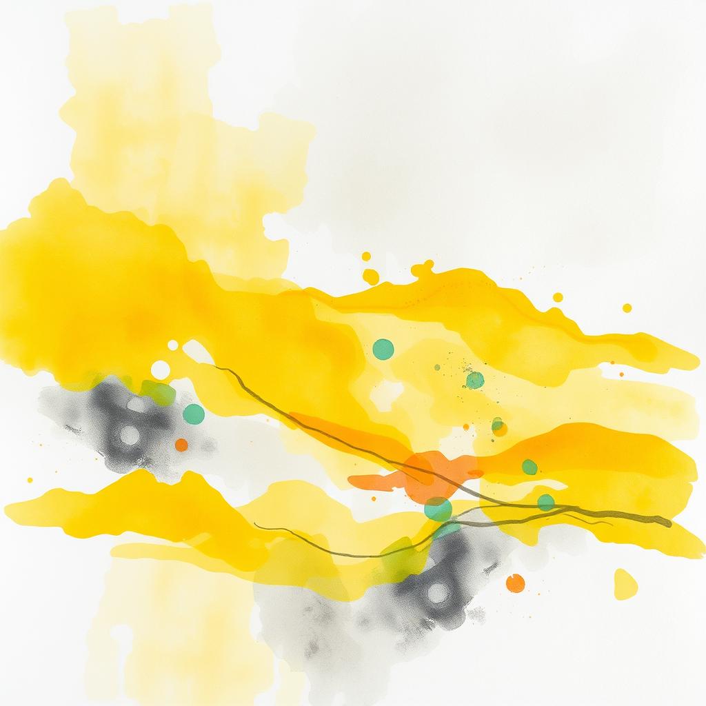 An abstract watercolor painting in landscape format, predominantly featuring vibrant yellows and soft greys as the main colors