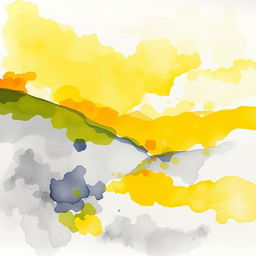 An abstract watercolor painting in landscape format, predominantly featuring vibrant yellows and soft greys as the main colors