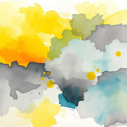 An abstract watercolor painting in landscape format, predominantly featuring vibrant yellows and soft greys as the main colors