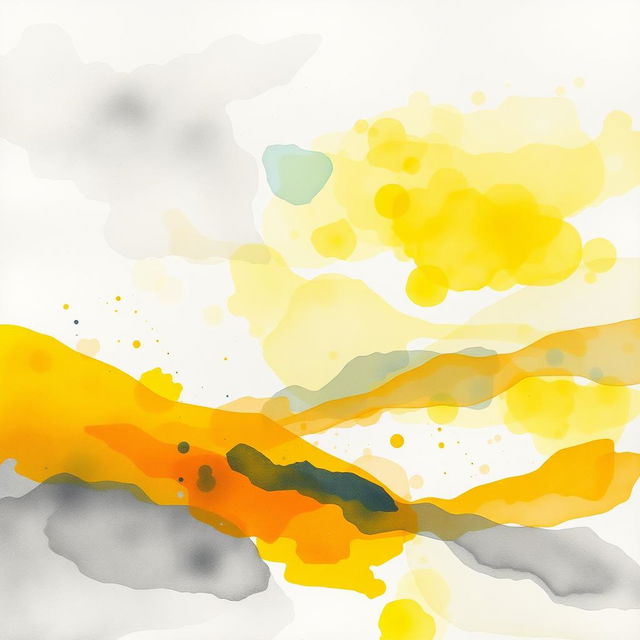 An abstract watercolor painting in landscape format, predominantly featuring vibrant yellows and soft greys as the main colors