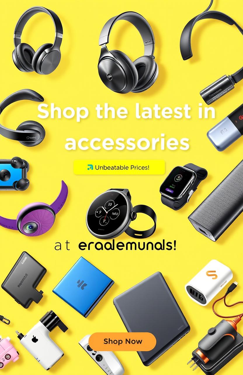 A modern, vibrant advertisement showcasing the latest tech accessories
