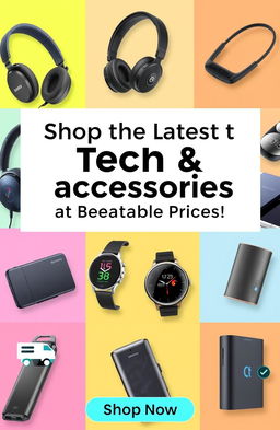 A modern, vibrant advertisement showcasing the latest tech accessories