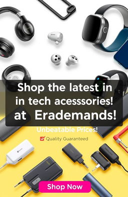 A modern, vibrant advertisement showcasing the latest tech accessories
