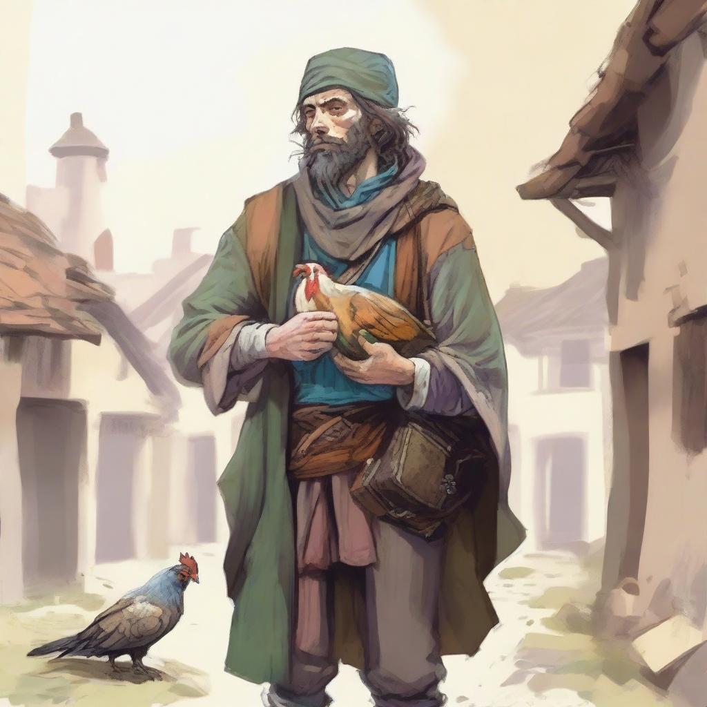 An evocative, high-quality illustration portraying a pale, homeless vagrant as a fantasy Dungeons and Dragons bard in a medieval village