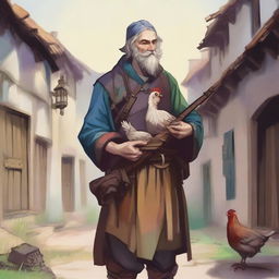 An evocative, high-quality illustration portraying a pale, homeless vagrant as a fantasy Dungeons and Dragons bard in a medieval village