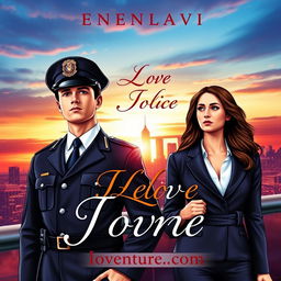 A captivating novel cover that illustrates a police officer and a beautiful businesswoman on a journey towards their dreams and love