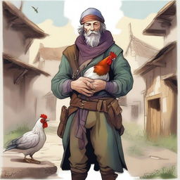 An evocative, high-quality illustration portraying a pale, homeless vagrant as a fantasy Dungeons and Dragons bard in a medieval village