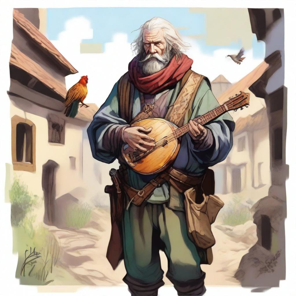 An evocative, high-quality illustration portraying a pale, homeless vagrant as a fantasy Dungeons and Dragons bard in a medieval village