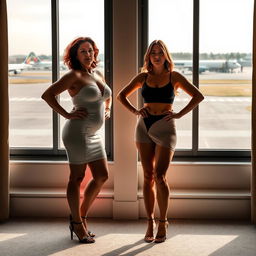 A striking image featuring Scarlett, a woman in her 40s, and her stepdaughter Amanda, in her 20s, both standing confidently in front of large hotel suite windows at Bloc Hotel London Gatwick
