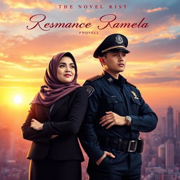 An artistic novel cover featuring a beautiful hijab-wearing businesswoman standing confidently next to a charming police officer in uniform