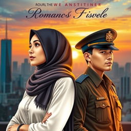 An artistic novel cover featuring a beautiful hijab-wearing businesswoman standing confidently next to a charming police officer in uniform