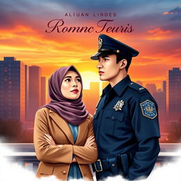 An artistic novel cover featuring a beautiful hijab-wearing businesswoman standing confidently next to a charming police officer in uniform