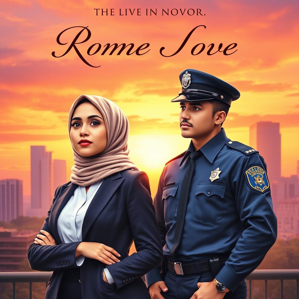 An artistic novel cover featuring a beautiful hijab-wearing businesswoman standing confidently next to a charming police officer in uniform