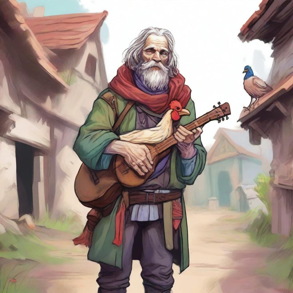 A captivating, high-quality illustration that vividly portrays a pale, crazy homeless vagrant as a fantasy Dungeons and Dragons bard in a medieval village