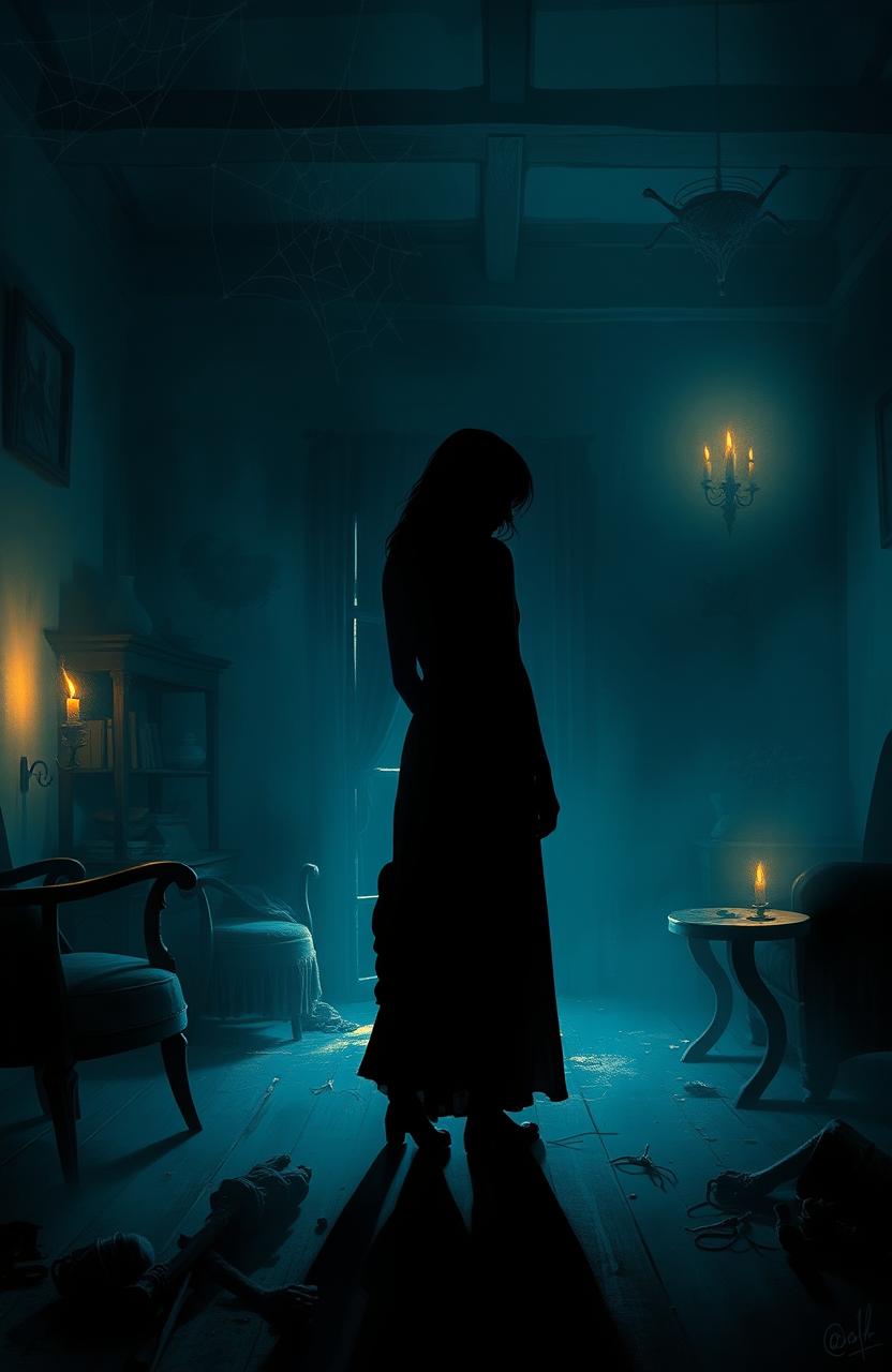 A digital painting depicting the shadowy silhouettes of a woman and her daughter standing in an eerie, haunted house