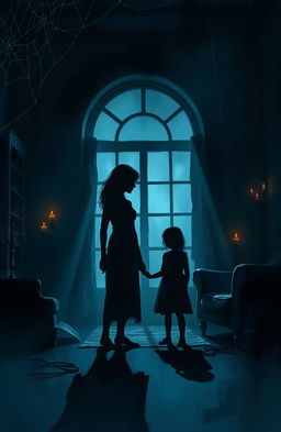 A digital painting depicting the shadowy silhouettes of a woman and her daughter standing in an eerie, haunted house