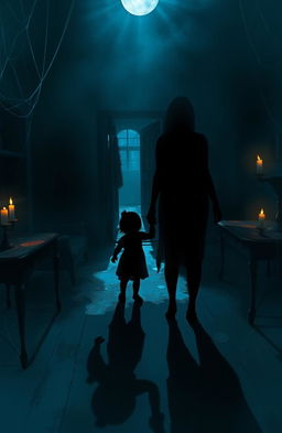 A digital painting depicting the shadowy silhouettes of a woman and her daughter standing in an eerie, haunted house