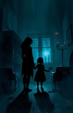 A digital painting depicting the shadowy silhouettes of a woman and her daughter standing in an eerie, haunted house