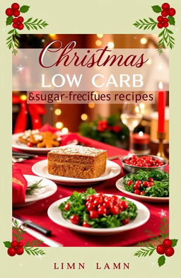 A beautifully designed eBook cover showcasing a festive holiday theme with low carb and sugar-free recipes