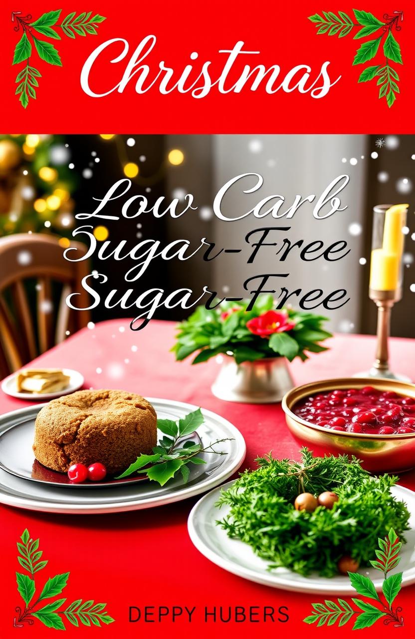 A beautifully designed eBook cover showcasing a festive holiday theme with low carb and sugar-free recipes