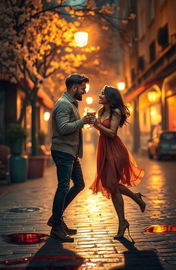 A romantic and dreamy scene depicting two lovers in a drunken haze, softly illuminated by a warm, golden glow of streetlights in a cozy, intimate city setting