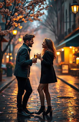 A romantic and dreamy scene depicting two lovers in a drunken haze, softly illuminated by a warm, golden glow of streetlights in a cozy, intimate city setting