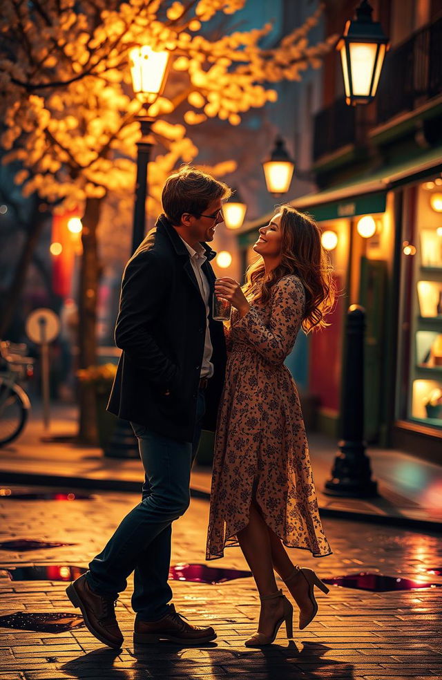 A romantic and dreamy scene depicting two lovers in a drunken haze, softly illuminated by a warm, golden glow of streetlights in a cozy, intimate city setting