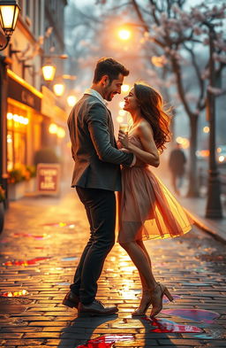 A romantic and dreamy scene depicting two lovers in a drunken haze, softly illuminated by a warm, golden glow of streetlights in a cozy, intimate city setting