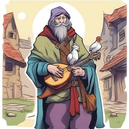 A whimsical, high-quality illustration that vividly portrays a pale, crazy, and funny homeless vagrant as a fantasy Dungeons and Dragons bard in a medieval village