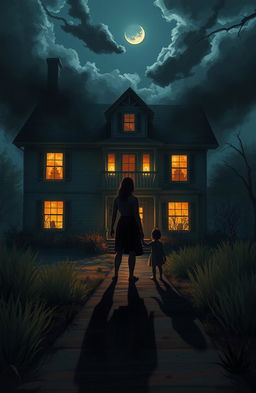 A digital painting depicting the shadow of a woman and her daughter standing outside a creepy, haunted house