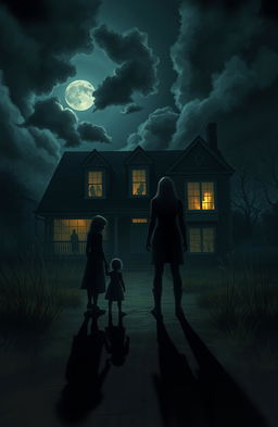A digital painting depicting the shadow of a woman and her daughter standing outside a creepy, haunted house