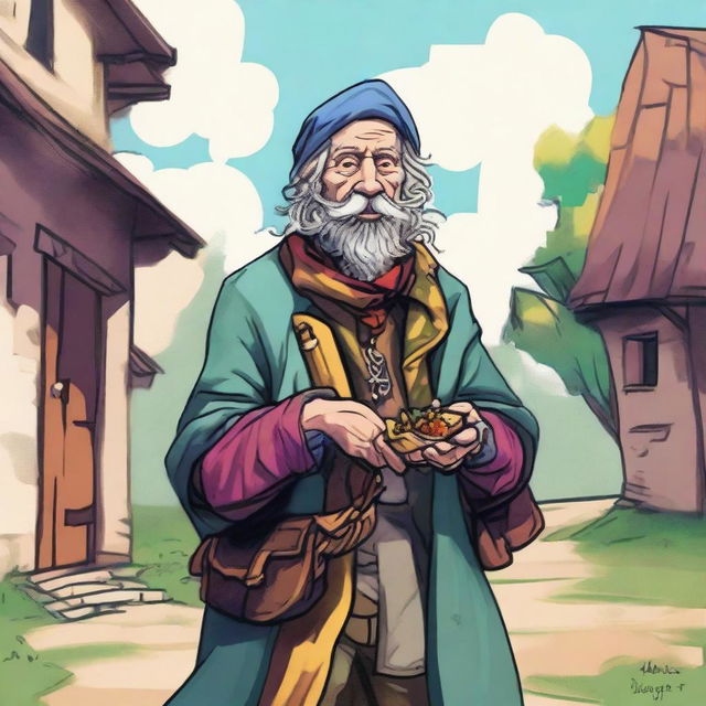 A whimsical, high-quality illustration that vividly portrays a pale, crazy, and funny homeless vagrant as a fantasy Dungeons and Dragons bard in a medieval village