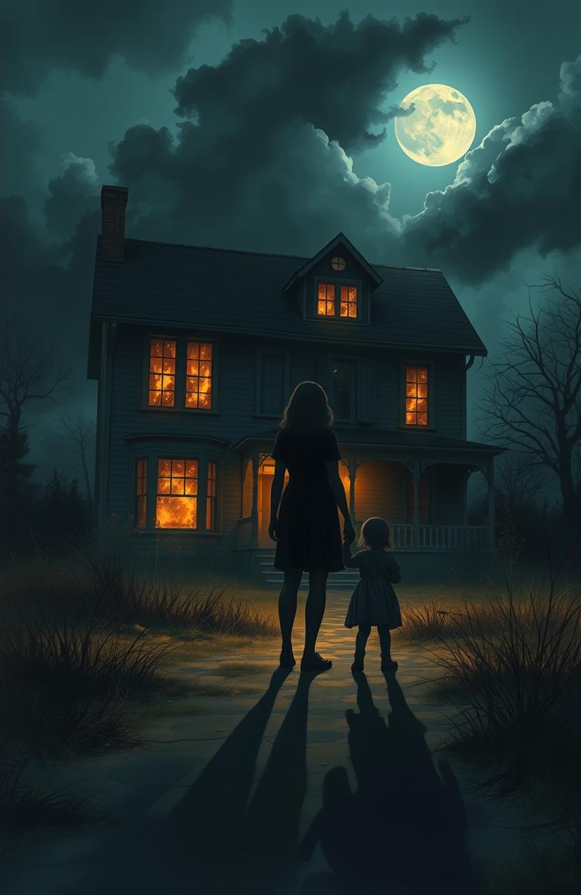 A digital painting depicting the shadow of a woman and her daughter standing outside a creepy, haunted house