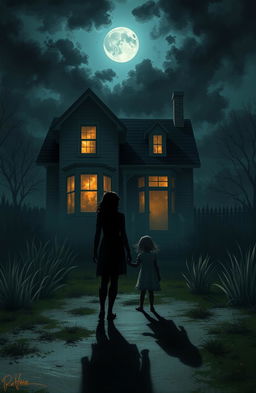A digital painting depicting the shadow of a woman and her daughter standing outside a creepy, haunted house
