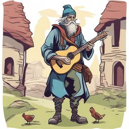 A whimsical, high-quality illustration that vividly portrays a pale, crazy, and funny homeless vagrant as a fantasy Dungeons and Dragons bard in a medieval village