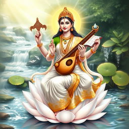 A beautifully detailed depiction of Saraswati, the Hindu goddess of knowledge, music, art, wisdom, and learning