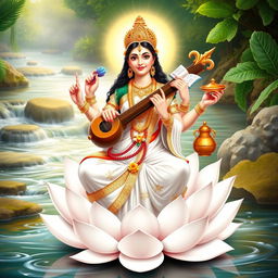 A beautifully detailed depiction of Saraswati, the Hindu goddess of knowledge, music, art, wisdom, and learning