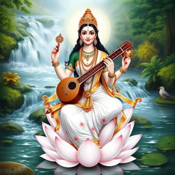 A beautifully detailed depiction of Saraswati, the Hindu goddess of knowledge, music, art, wisdom, and learning